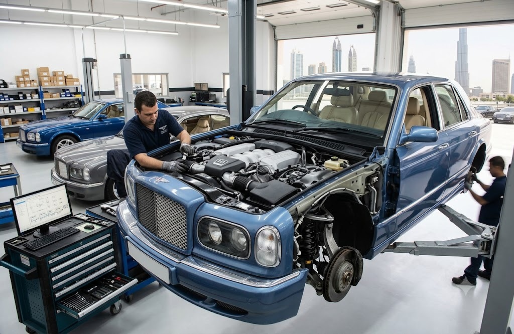 Bentley Arnage luxury saloon undergoing expert repair and servicing at an independent Bentley specialist workshop in Dubai