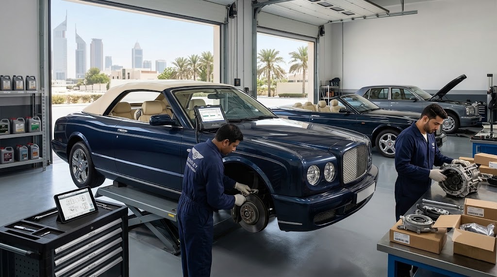 Bentley Azure convertible undergoing expert repair and service at an independent Bentley specialist workshop in Dubai