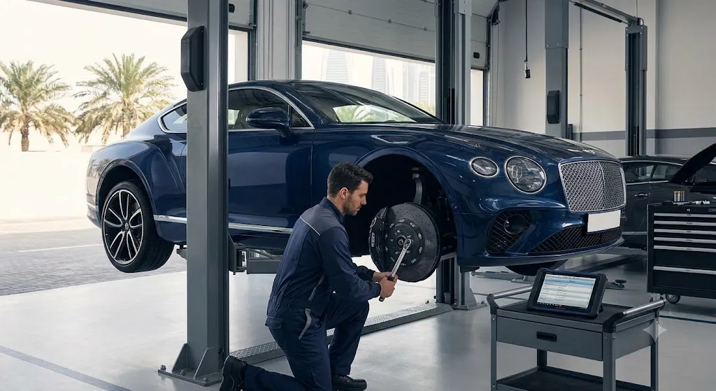 Bentley brake repair and service in Dubai showing a technician inspecting a large front brake disc and caliper on a Bentley