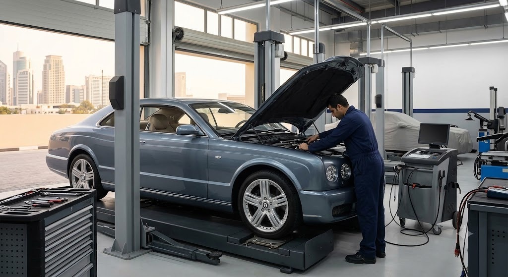 Bentley Brooklands coupe being serviced by an independent Bentley repair specialist in Dubai
