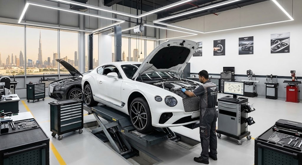 Bentley Continental GT undergoing expert repair and servicing at an independent specialist workshop in Dubai