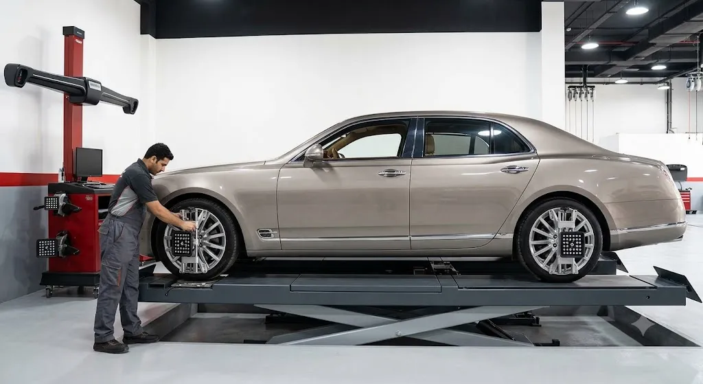 Bentley denting and painting in a professional paint booth in Dubai by an independent Bentley body shop specialist