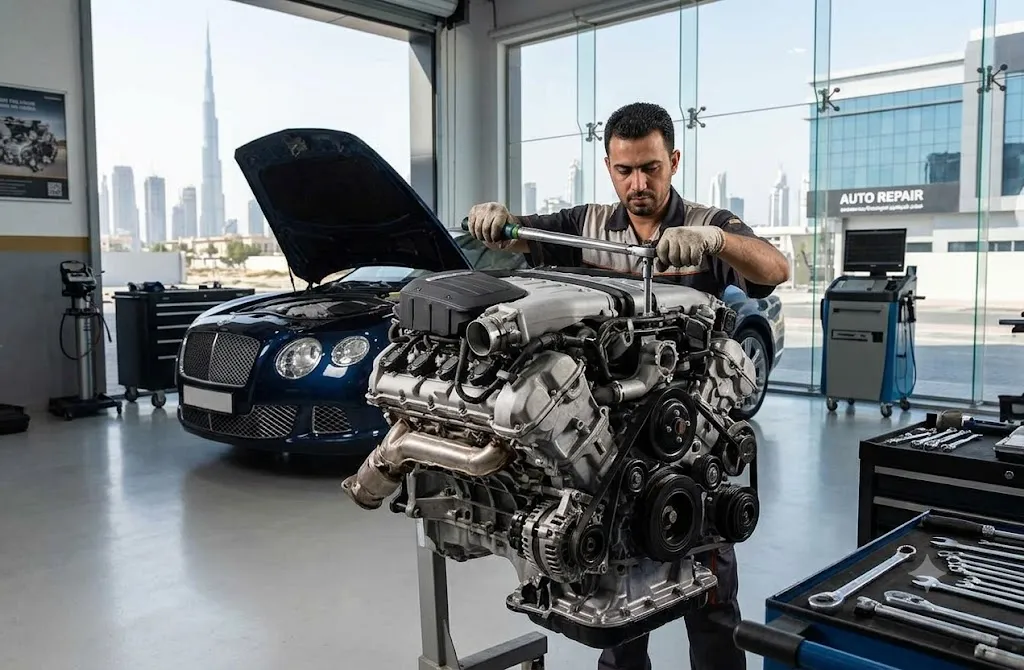 Independent Bentley engine repair and overhaul specialist working on a Bentley W12 engine in a Dubai workshop