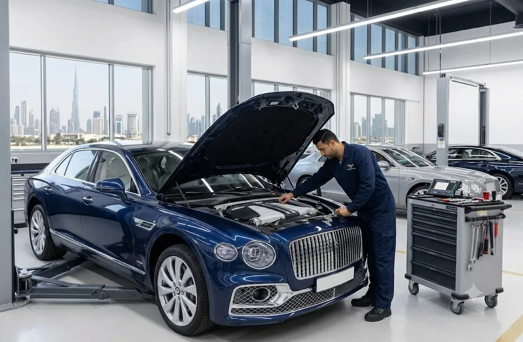 Bentley Flying Spur being serviced by an independent Bentley repair specialist in Dubai