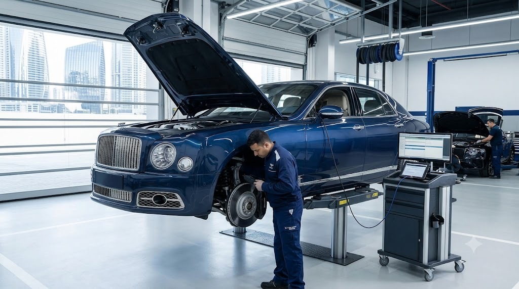 Bentley Mulsanne being serviced by an independent Bentley repair specialist in Dubai