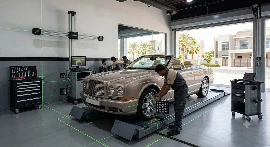 Bentley steering and four-wheel alignment being carried out on a laser alignment rig by an independent Bentley specialist in Dubai