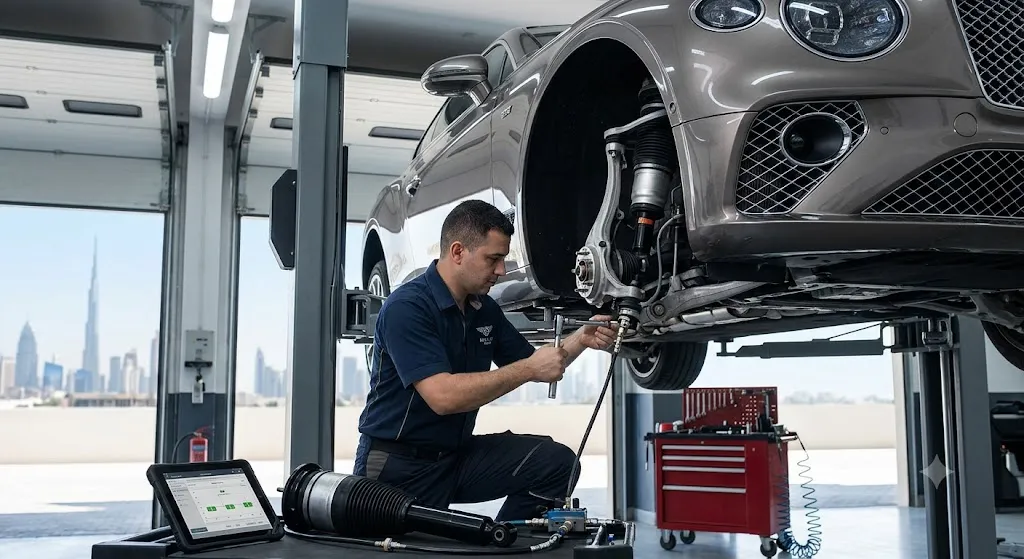 Bentley air suspension repair in Dubai - air strut and compressor service on a Bentley Continental GT by an independent specialist