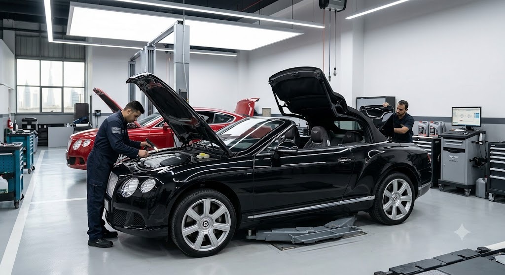 Bentley Continental GT Convertible (GTC) undergoing repair and servicing at an independent Bentley specialist workshop in Dubai