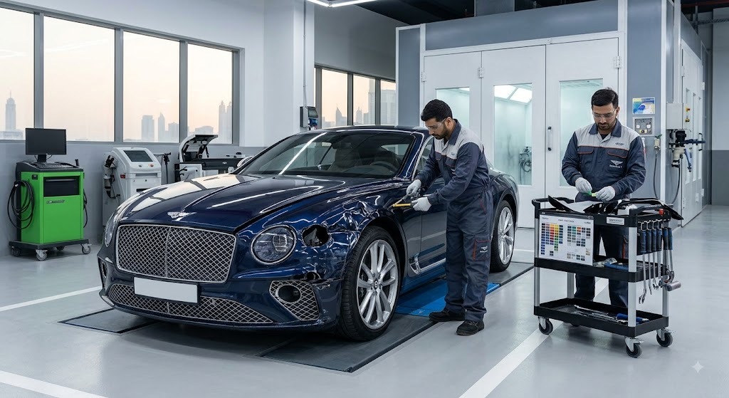 Bentley Continental accident and collision repair in a professional body shop in Dubai