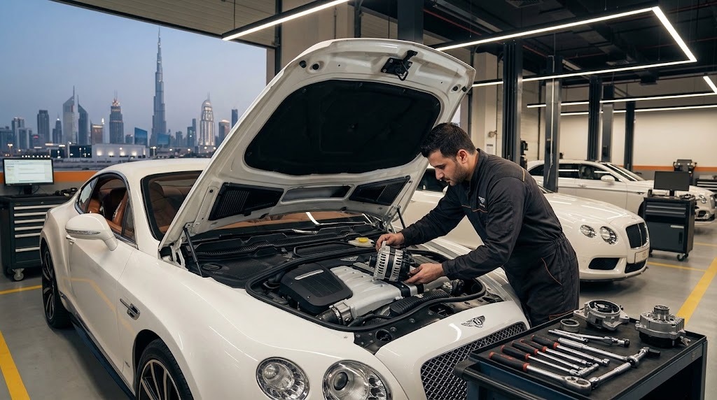 Bentley alternator replacement and charging system repair by an independent specialist in Dubai