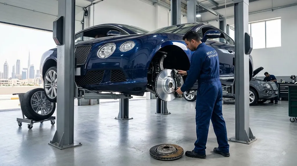 Bentley brake disc replacement in Dubai by an independent Bentley specialist, showing a Bentley front brake rotor and caliper