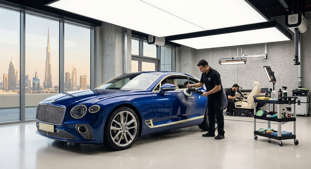 Bentley Continental GT receiving machine polishing and paint correction at a Bentley detailing specialist in Dubai