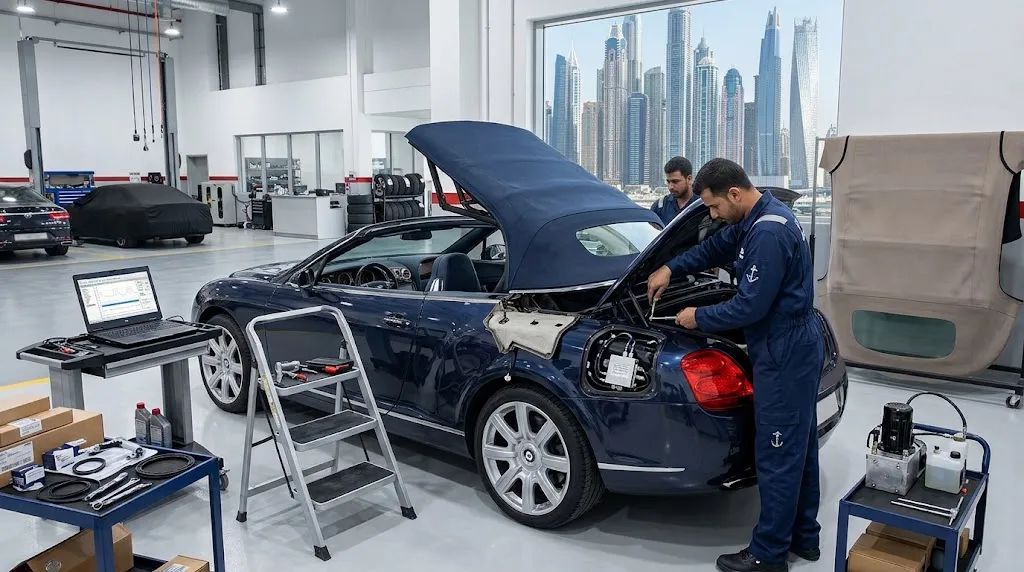 Bentley Continental GT undergoing a pre-purchase inspection on a lift at an independent Bentley specialist workshop in Dubai