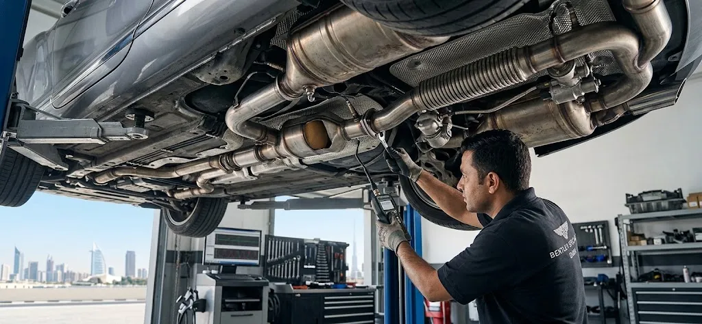 Bentley Continental GT exhaust system and catalytic converter being inspected by an independent Bentley specialist in Dubai
