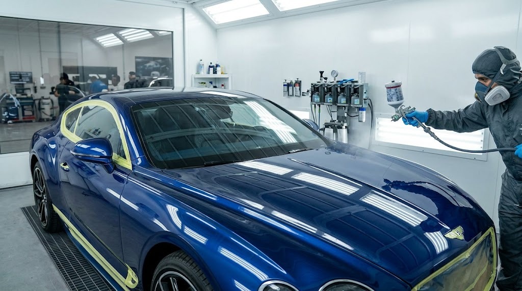 Bentley Continental GT receiving a full body respray in a professional paint booth in Dubai