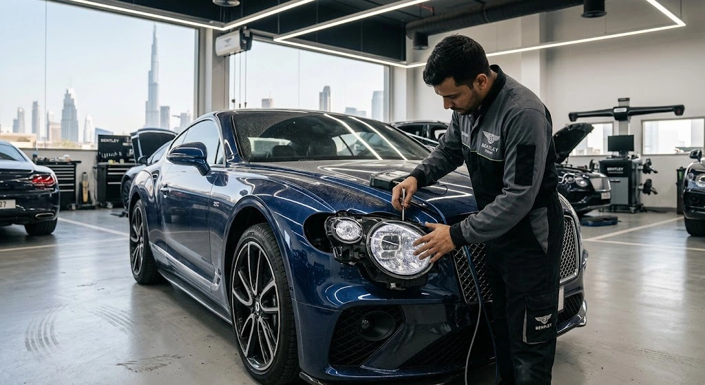 Bentley Continental GT LED matrix headlight being repaired and aligned by an independent Bentley specialist in Dubai