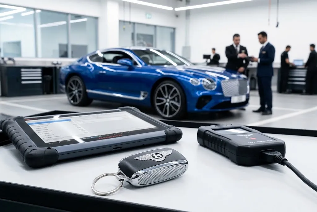 Bentley key fob and replacement smart key being programmed by an independent Bentley specialist in Dubai