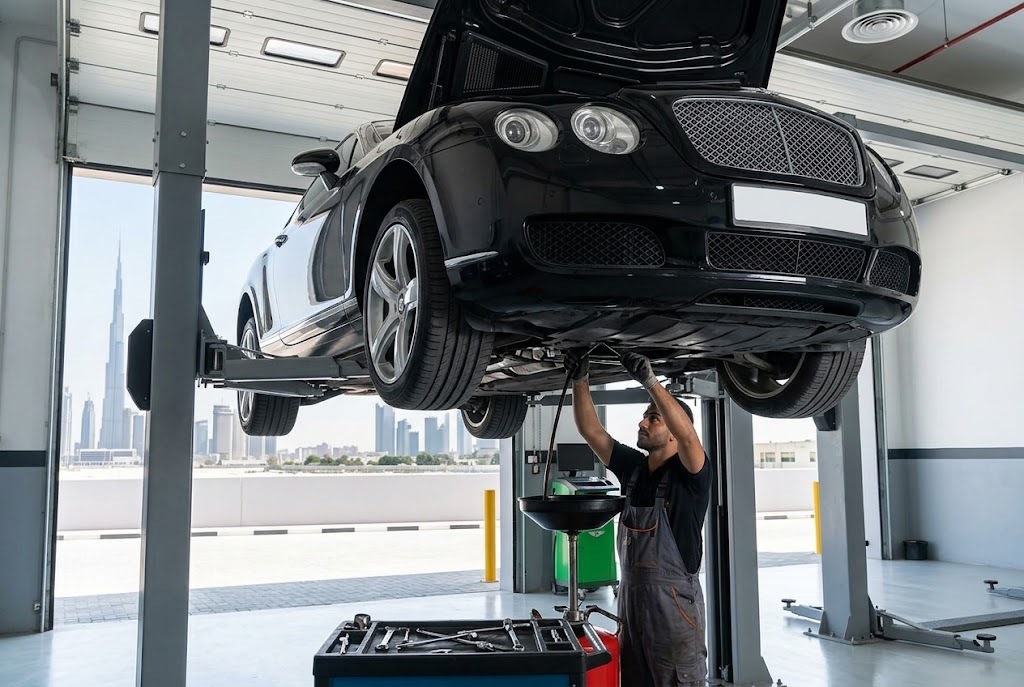 Bentley oil change and oil leak repair being carried out on a W12 engine by an independent Bentley specialist in Dubai