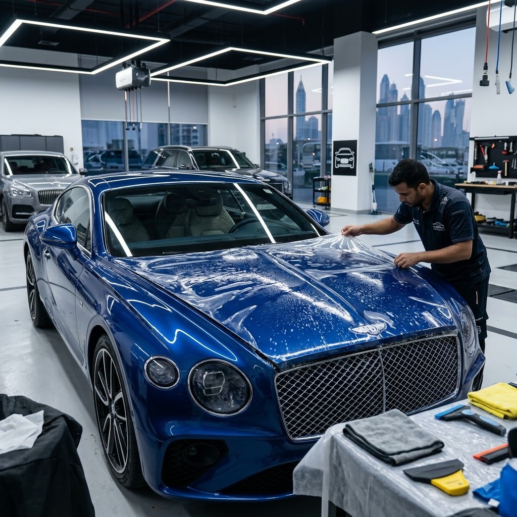 Bentley Continental GT having paint protection film (PPF) applied to the bonnet in a Dubai detailing workshop