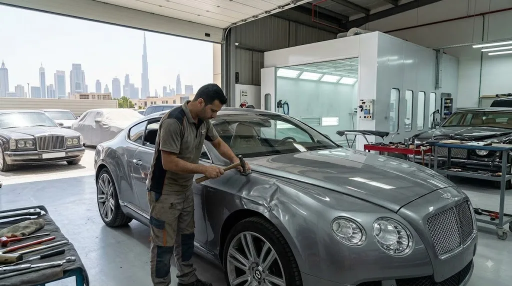 Bentley panel beating and bodywork repair in a Dubai body shop restoring a dented Bentley Continental GT panel