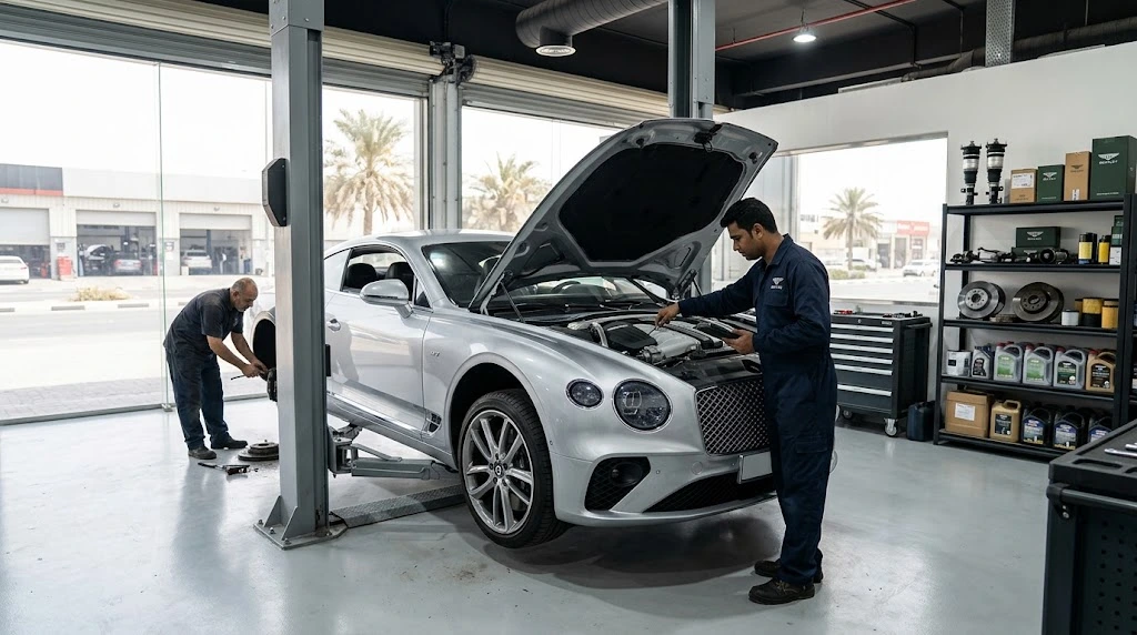 Bentley Continental GT being serviced by an independent Bentley specialist workshop in Al Barsha, Dubai