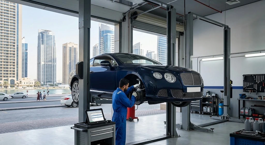 Bentley Continental GT being serviced by an independent Bentley repair specialist for Jumeirah Lake Towers JLT Dubai owners