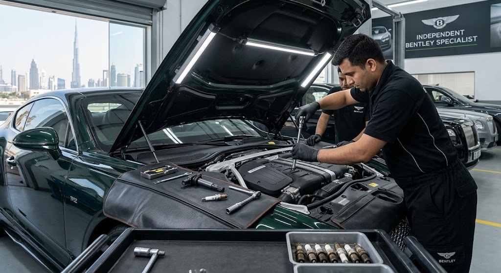 Bentley W12 engine spark plug and ignition coil replacement by independent specialist in Dubai