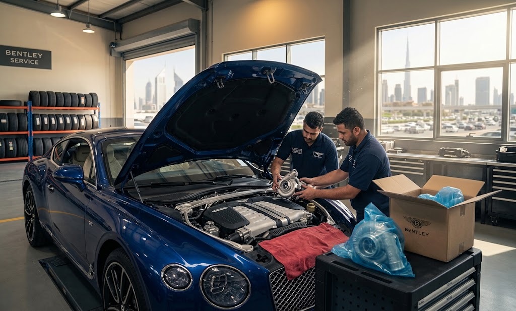 Bentley twin-turbo W12 engine turbocharger replacement in a Dubai specialist workshop
