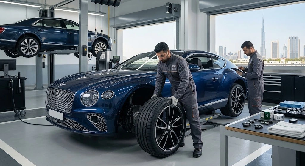 Bentley tyre replacement and TPMS sensor service in Dubai on a Continental GT alloy wheel