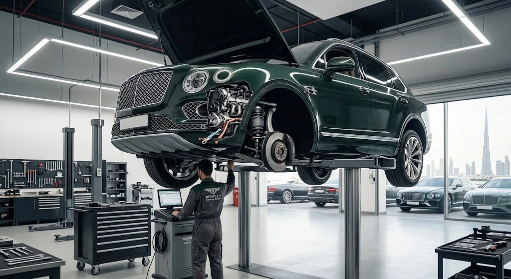 Bentley Bentayga raised on a lift in a Dubai workshop during a scheduled service