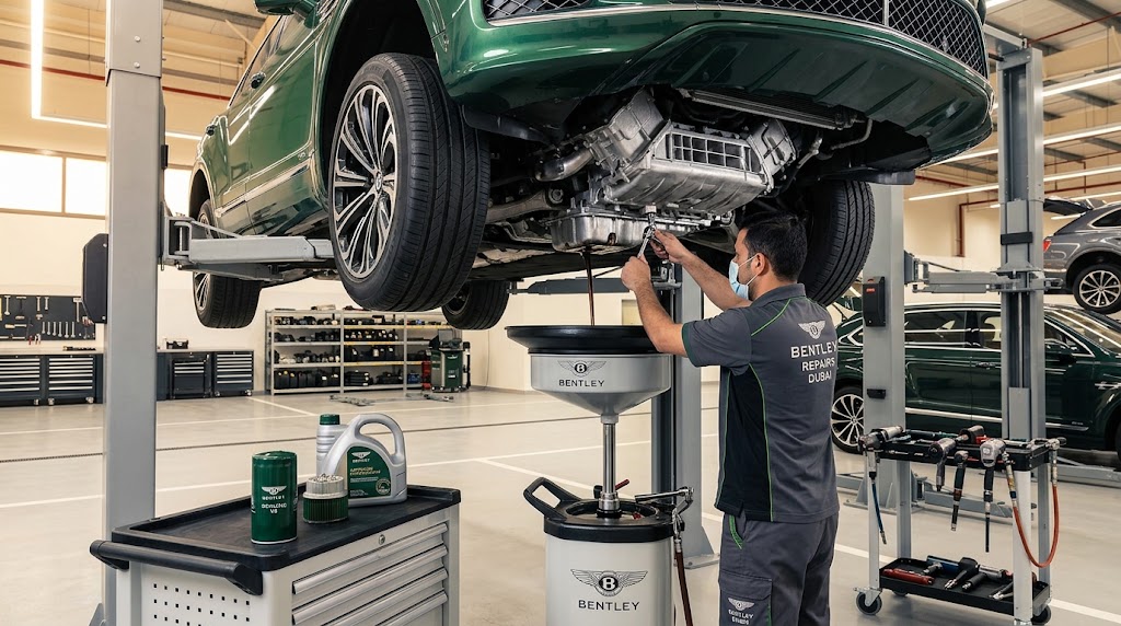 Bentley Bentayga V8 annual oil and filter service in progress