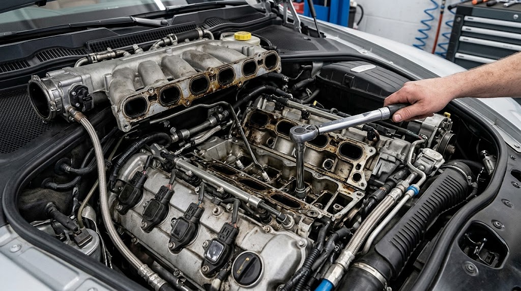 Bentley Continental GT W12 engine with intake manifold removed for spark plug replacement