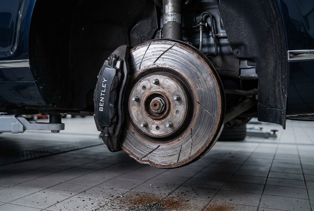Bentley Continental GT rear brake caliper and worn disc with the wheel removed