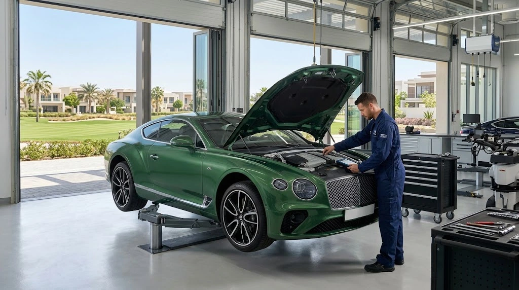 Bentley Continental GT being serviced by an independent Bentley specialist for Dubai Hills Estate owners