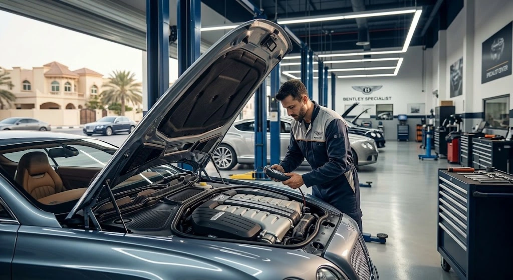 Bentley Continental GT being serviced by an independent Bentley specialist workshop for Mirdif, Dubai owners